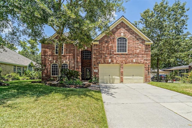 front facade featuring a garage and a front lawn