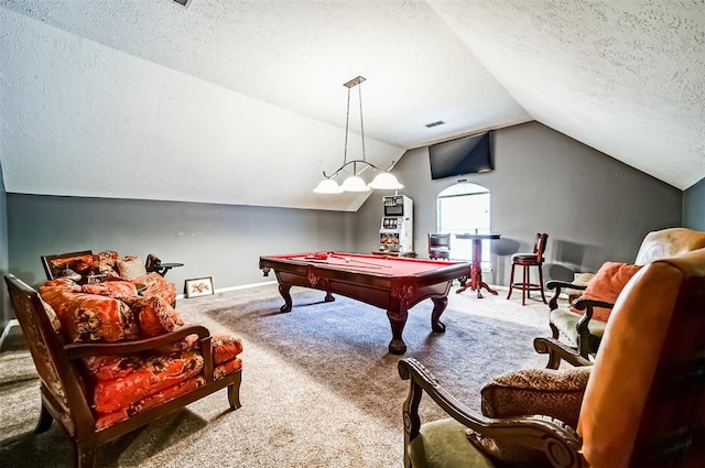 rec room with carpet, lofted ceiling, a textured ceiling, and billiards