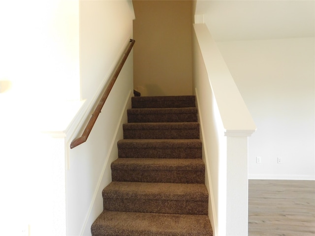 stairway with hardwood / wood-style flooring