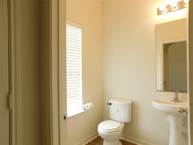 bathroom with toilet, hardwood / wood-style flooring, and sink