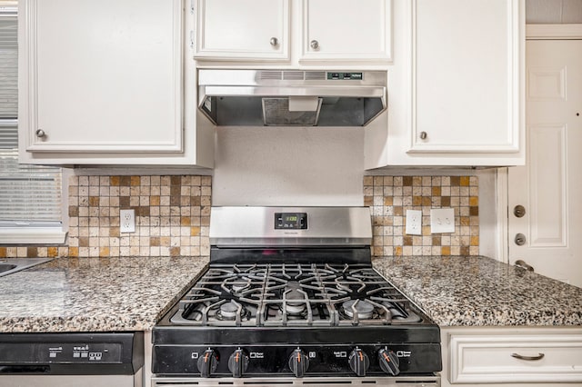 kitchen with decorative backsplash, white cabinets, exhaust hood, dishwashing machine, and stainless steel range with gas stovetop