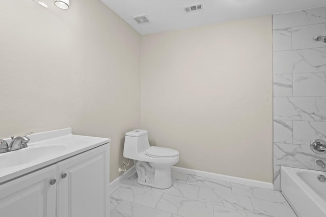 1504 Maiden Ln, Richmond, TX 77469 - bathroom featuring marble finish flooring, vanity, toilet, baseboards, and shower / washtub combination