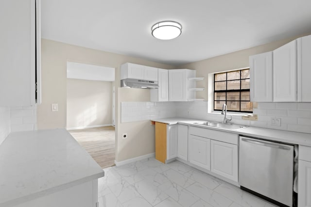 kitchen with range hood, sink, stainless steel dishwasher, white cabinetry, and tasteful backsplash