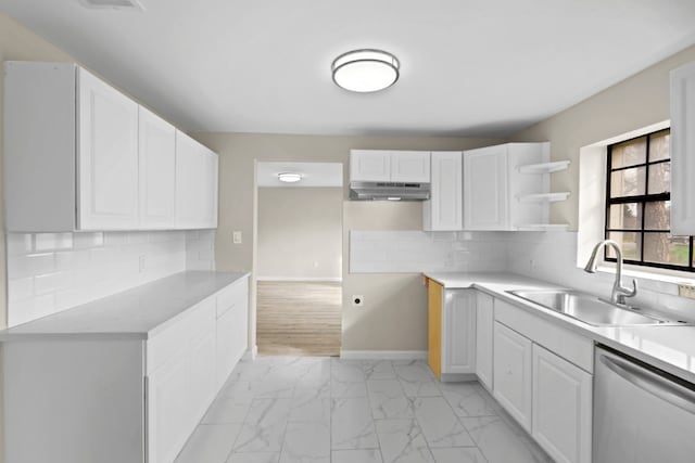 kitchen featuring white cabinetry, tasteful backsplash, stainless steel dishwasher, and sink