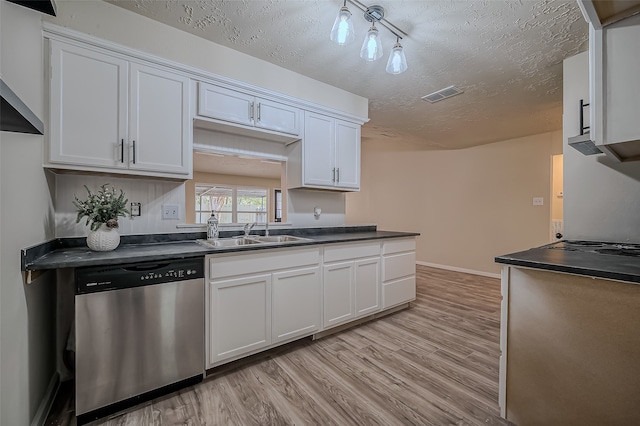 kitchen with dishwasher, light hardwood / wood-style flooring, sink, white cabinets, and a textured ceiling