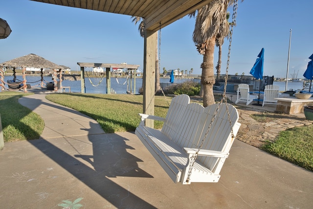 view of patio / terrace featuring a water view