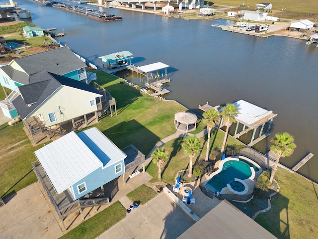 drone / aerial view with a water view