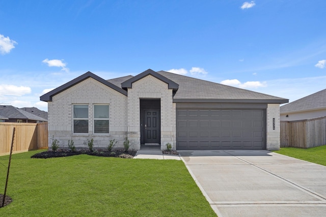 single story home featuring brick siding, a front lawn, and fence