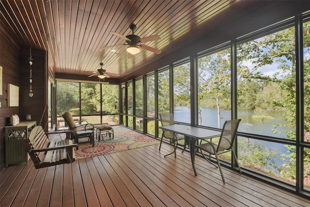 unfurnished sunroom featuring ceiling fan, wood ceiling, and a water view