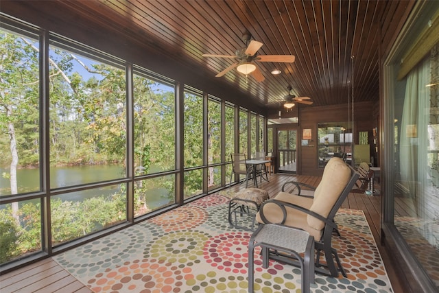 unfurnished sunroom with a water view, ceiling fan, and wooden ceiling