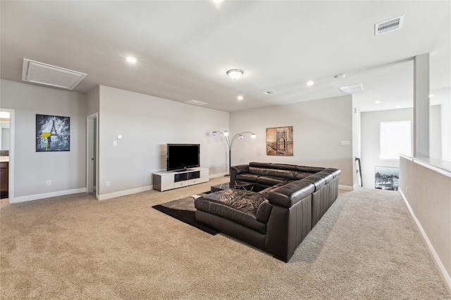 living room featuring light colored carpet