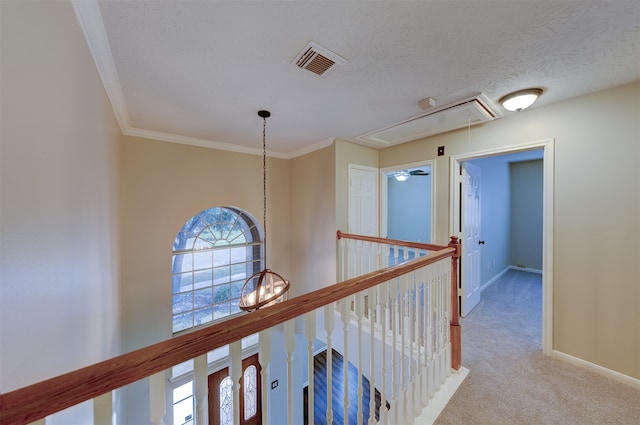 corridor with ornamental molding, light carpet, and a textured ceiling