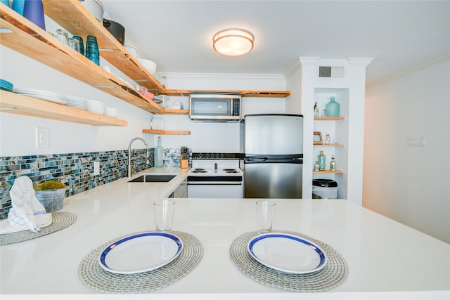 kitchen featuring decorative backsplash, ornamental molding, stainless steel appliances, and sink