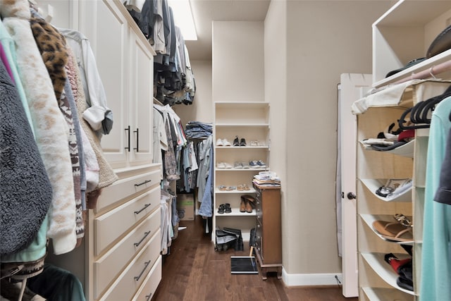 walk in closet with dark hardwood / wood-style flooring