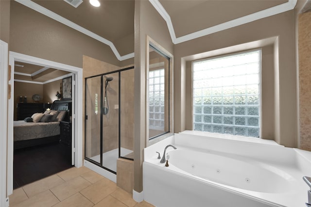 bathroom featuring tile patterned floors, vaulted ceiling, shower with separate bathtub, and crown molding