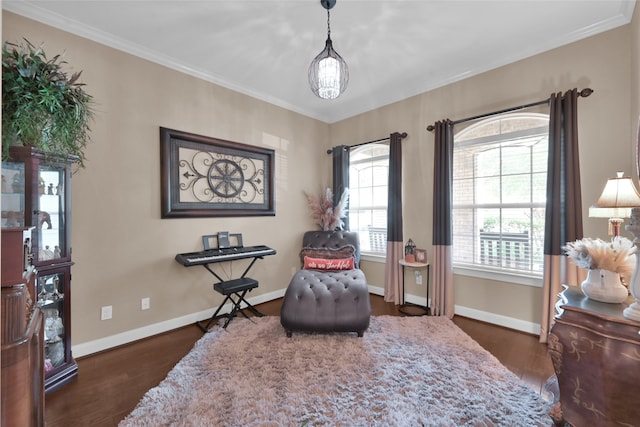 living area with ornamental molding and dark hardwood / wood-style flooring