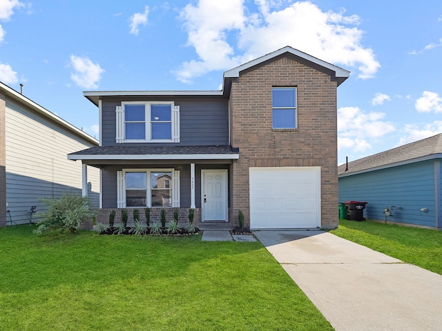 front facade with a porch, a front lawn, and a garage