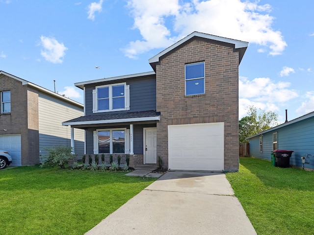 view of front facade with a front lawn and a garage