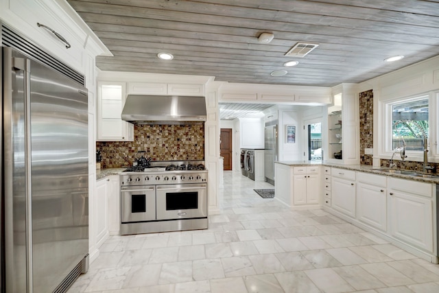 kitchen with premium appliances, sink, ventilation hood, and white cabinets