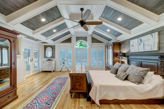 bedroom with access to outside, vaulted ceiling with beams, light wood-type flooring, and ceiling fan