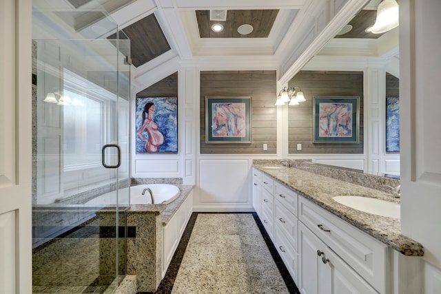 bathroom with vanity, crown molding, coffered ceiling, and plus walk in shower