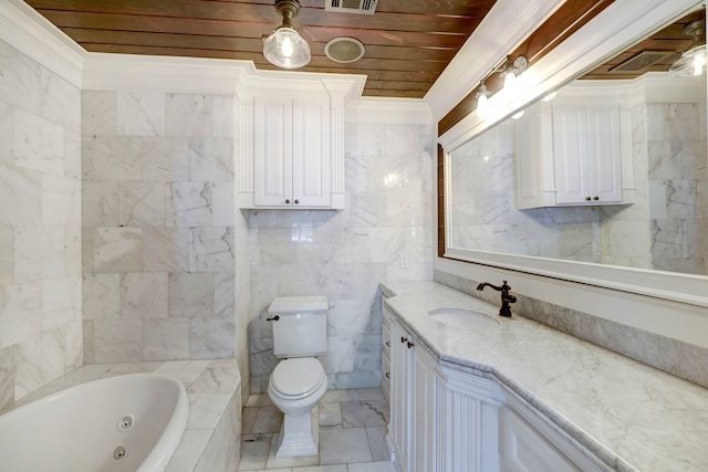 bathroom featuring wood ceiling, toilet, a bathtub, ornamental molding, and vanity