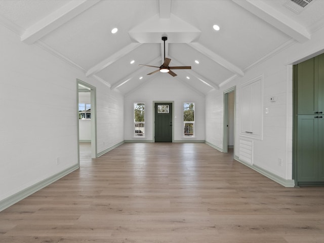 entrance foyer featuring ceiling fan, lofted ceiling with beams, light hardwood / wood-style flooring, and crown molding