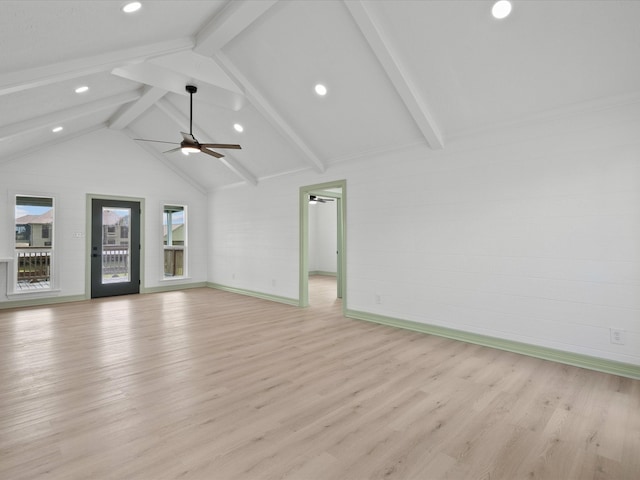 unfurnished living room with light hardwood / wood-style flooring, lofted ceiling with beams, and ceiling fan