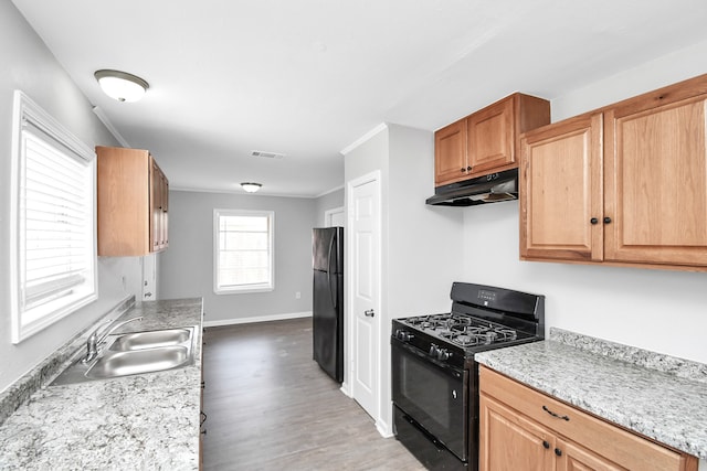 kitchen with sink, black appliances, light stone countertops, and hardwood / wood-style flooring