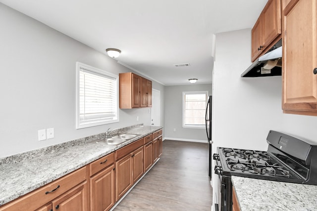 kitchen with sink, black gas stove, light stone counters, and wood-type flooring