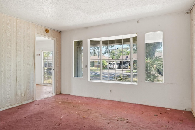 carpeted empty room featuring a textured ceiling