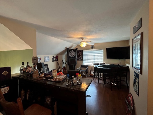 interior space featuring lofted ceiling, a textured ceiling, dark wood-type flooring, and ceiling fan