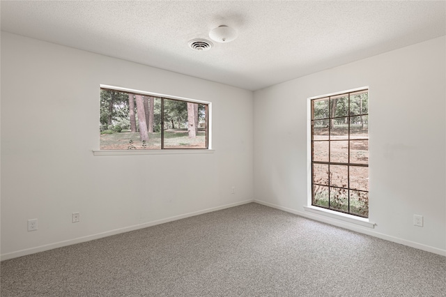 carpeted spare room with a textured ceiling