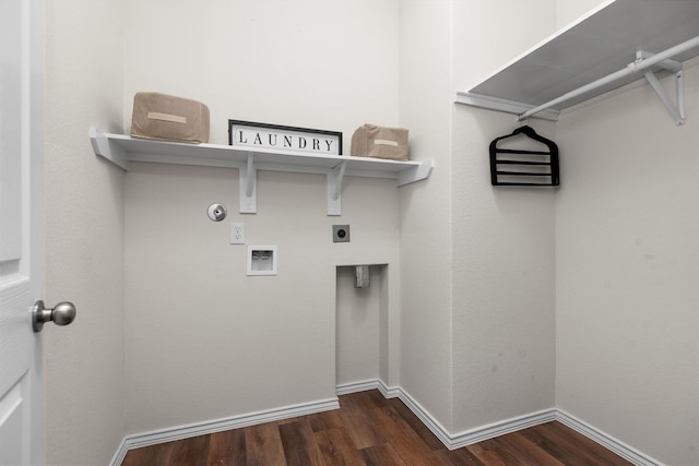 washroom with hookup for an electric dryer, washer hookup, and dark hardwood / wood-style flooring