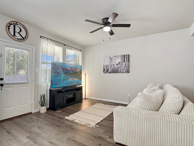 living room with hardwood / wood-style flooring and ceiling fan