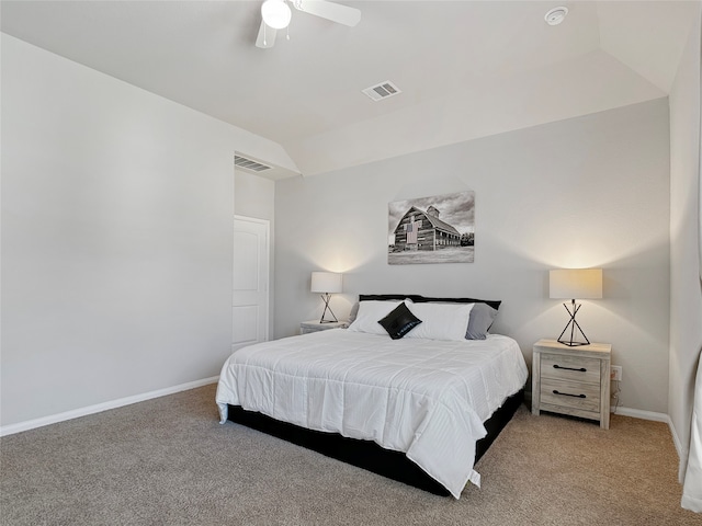 carpeted bedroom with lofted ceiling and ceiling fan