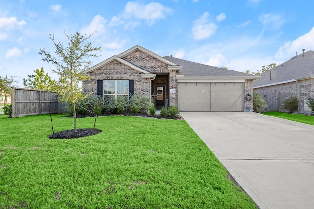 view of front of property with a front yard and a garage