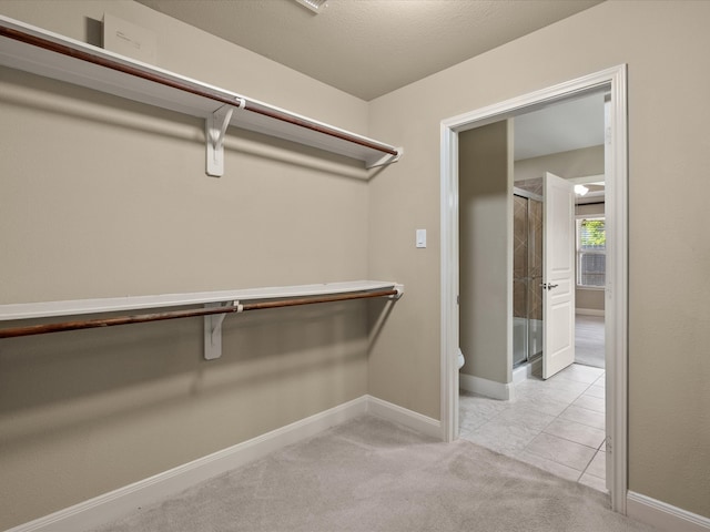 walk in closet featuring light colored carpet