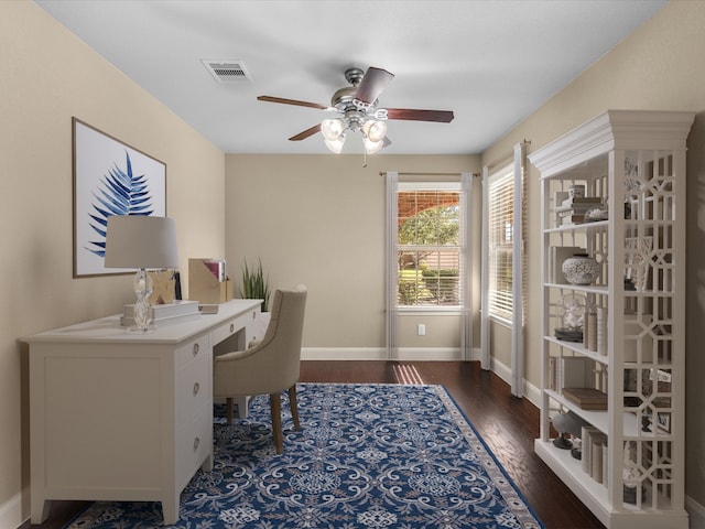 home office with dark hardwood / wood-style floors and ceiling fan