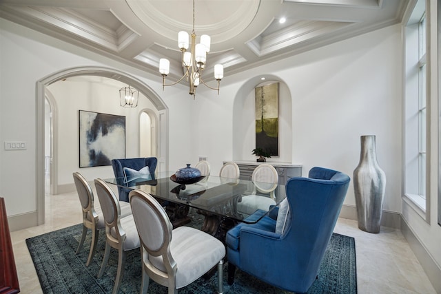 dining room with beamed ceiling, a notable chandelier, crown molding, and coffered ceiling