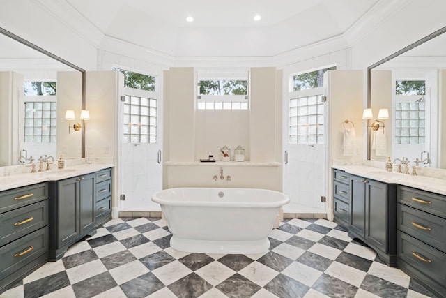 bathroom featuring vanity, plus walk in shower, ornamental molding, and a raised ceiling