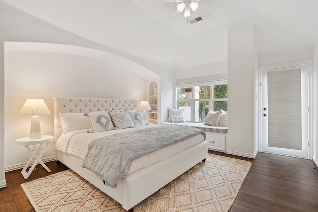 bedroom featuring ceiling fan, wood-type flooring, and lofted ceiling