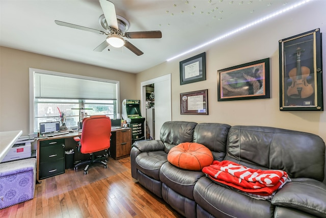 home office featuring ceiling fan and wood-type flooring