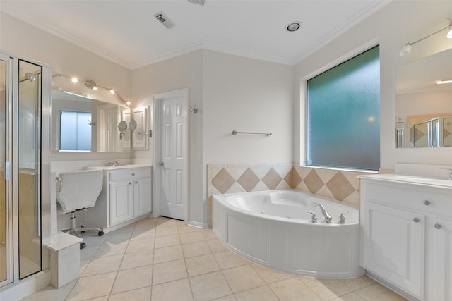 bathroom featuring tile patterned floors, vanity, shower with separate bathtub, and ornamental molding