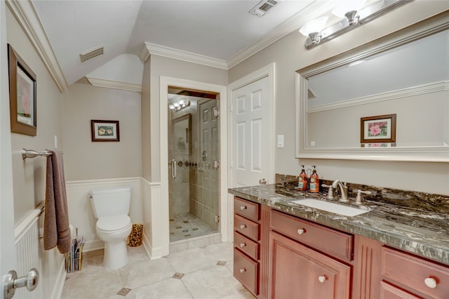 bathroom with crown molding, walk in shower, vanity, tile patterned flooring, and toilet