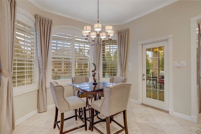 dining area featuring light tile patterned floors, a notable chandelier, and ornamental molding