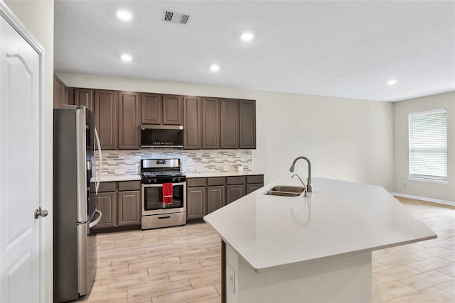 kitchen with sink, an island with sink, backsplash, light hardwood / wood-style floors, and stainless steel appliances