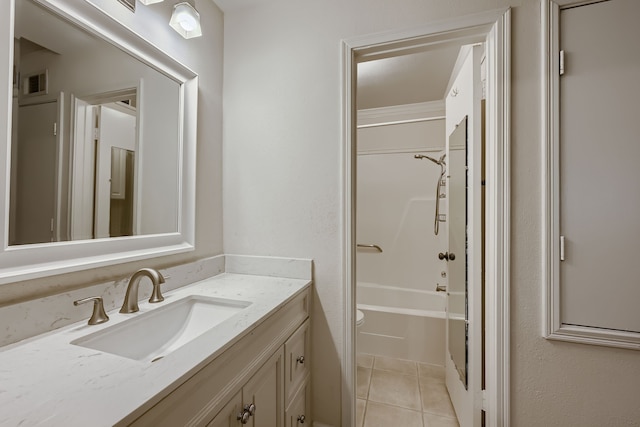 full bathroom featuring toilet, vanity, bathing tub / shower combination, and tile patterned flooring