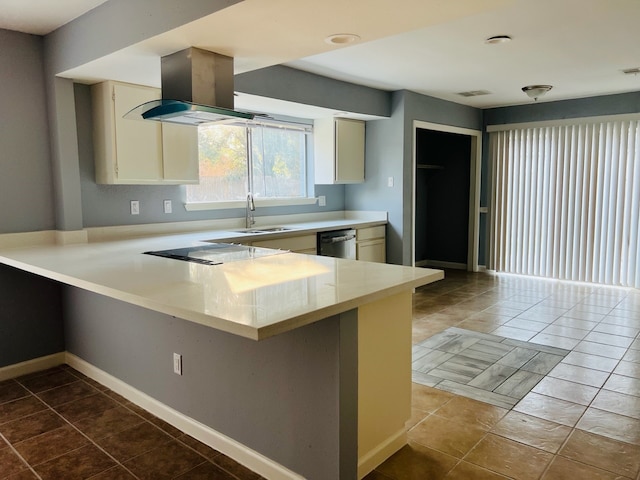 kitchen with black dishwasher, sink, kitchen peninsula, and island range hood