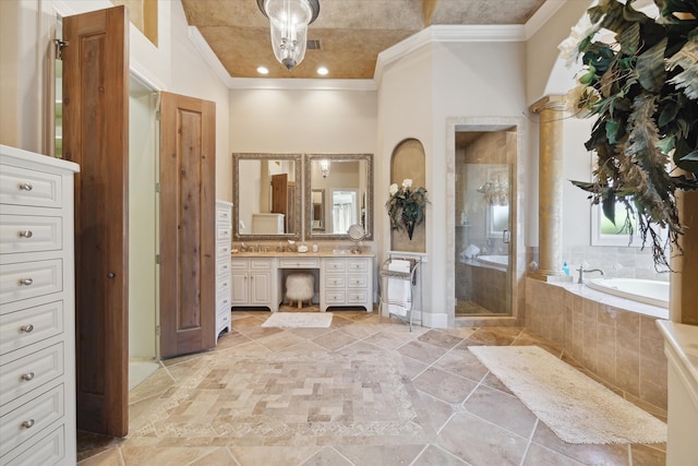 bathroom featuring crown molding, a towering ceiling, vanity, and shower with separate bathtub